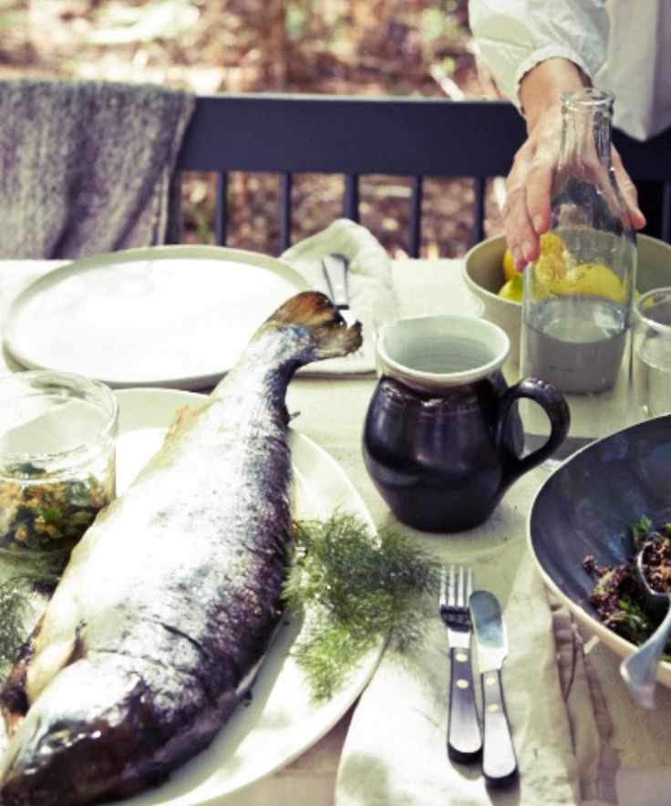 Cooked salmon served outdoors