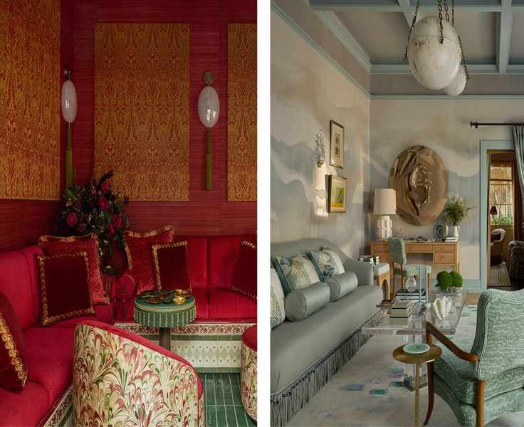 A side-by-side illustration of luxurious rooms: one dramatic in deep red and gold with plush velvet sofas; the other tranquil in soft blue, cream, and green with a wavy mural wall and elegant furniture.