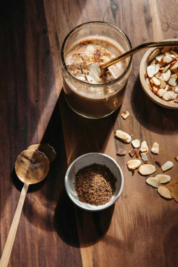 Chocolate banana postpartum nutrition smoothie.