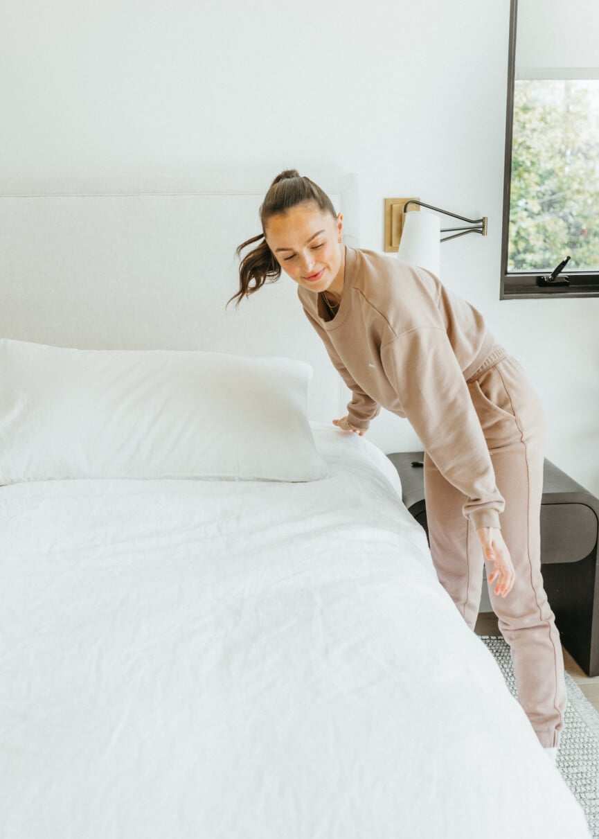 making the bed, Megan roup's morning routine