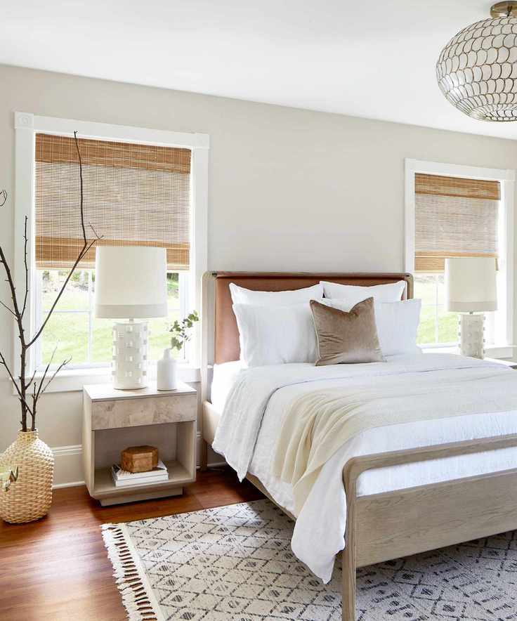 Neutral bedroom painted in Revere Pewter