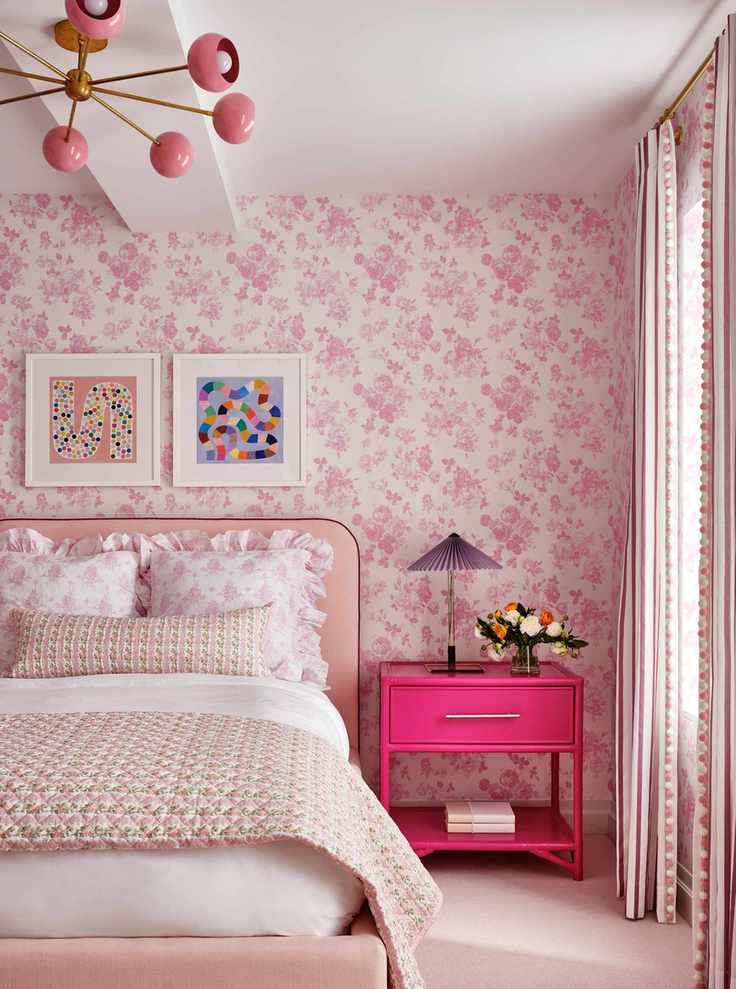 pink bedroom with hot pink nightstand