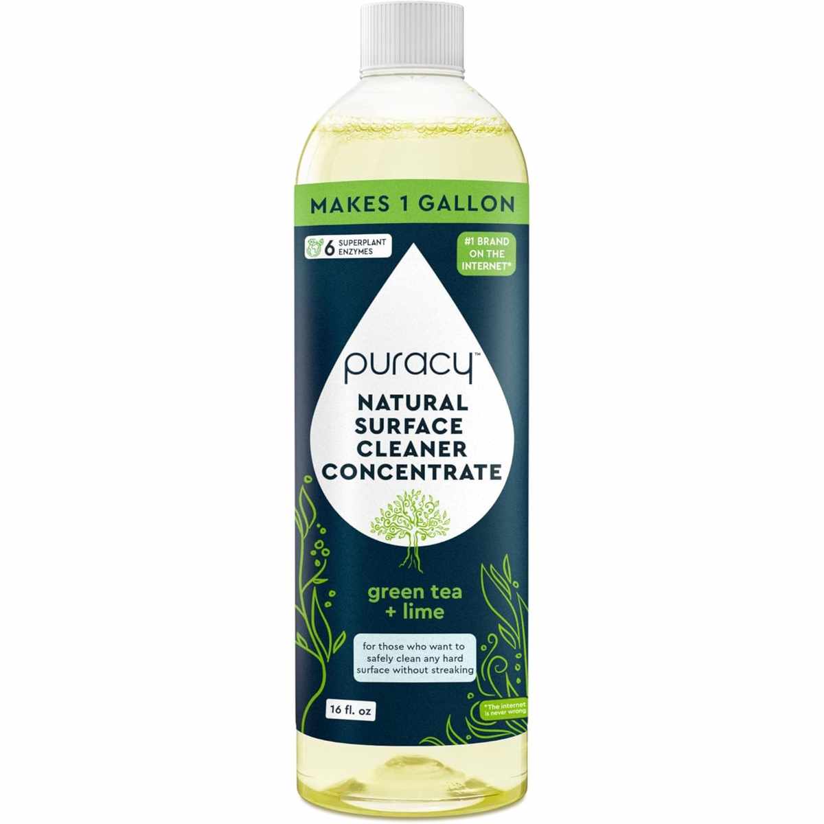 A clear plastic bottle of yellow-ish cleaning solution, a dark blue label