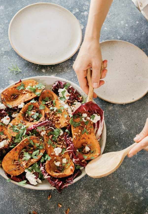 roasted honeynut squash recipe with radicchio, goat cheese and pecans