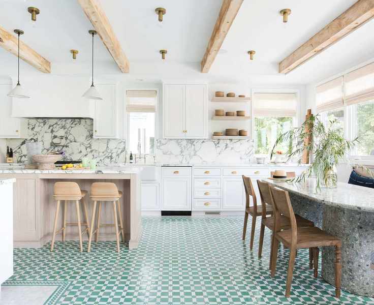 Kitchen with white cabinets and wood island