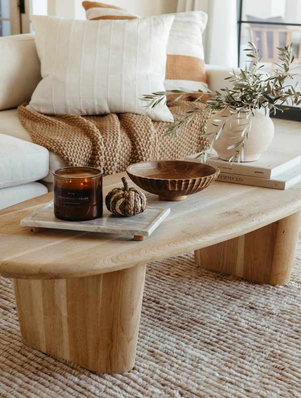 Fall themed coffee table setup.