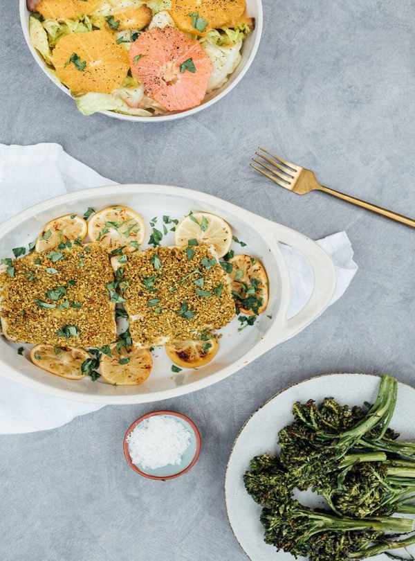pistachio crusted halibut with sides