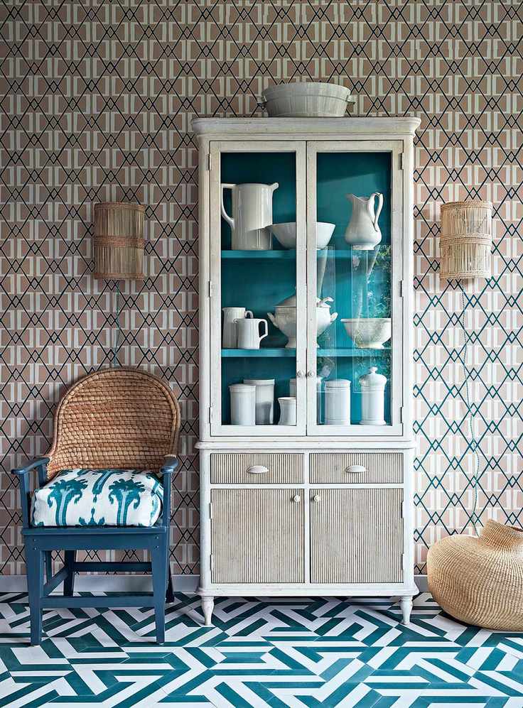 Display cabinet with teal interior