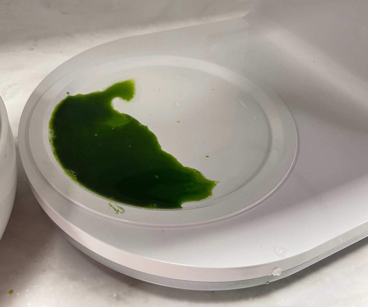 Tribest GreenStar 5 Juicer drip tray with green juice dripped into it
