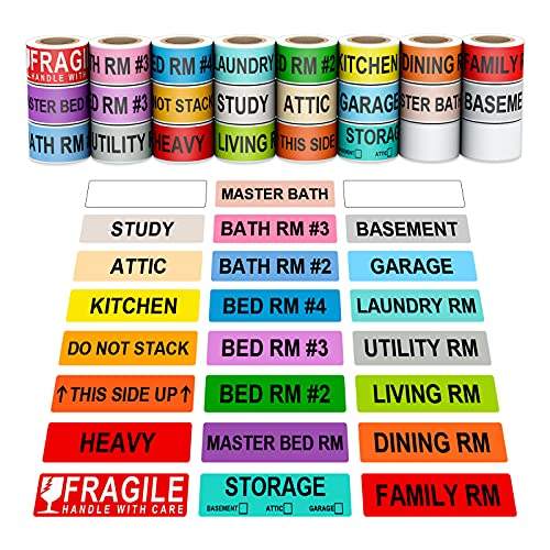 Misofuki 1440 Pcs 1"x4.5" Color Coded Moving Labels, 24 stacked rolls of colorful labels in the background, 24 open labels in three lines in different colors in the foreground, all labels have different rooms and moving terms written on them.