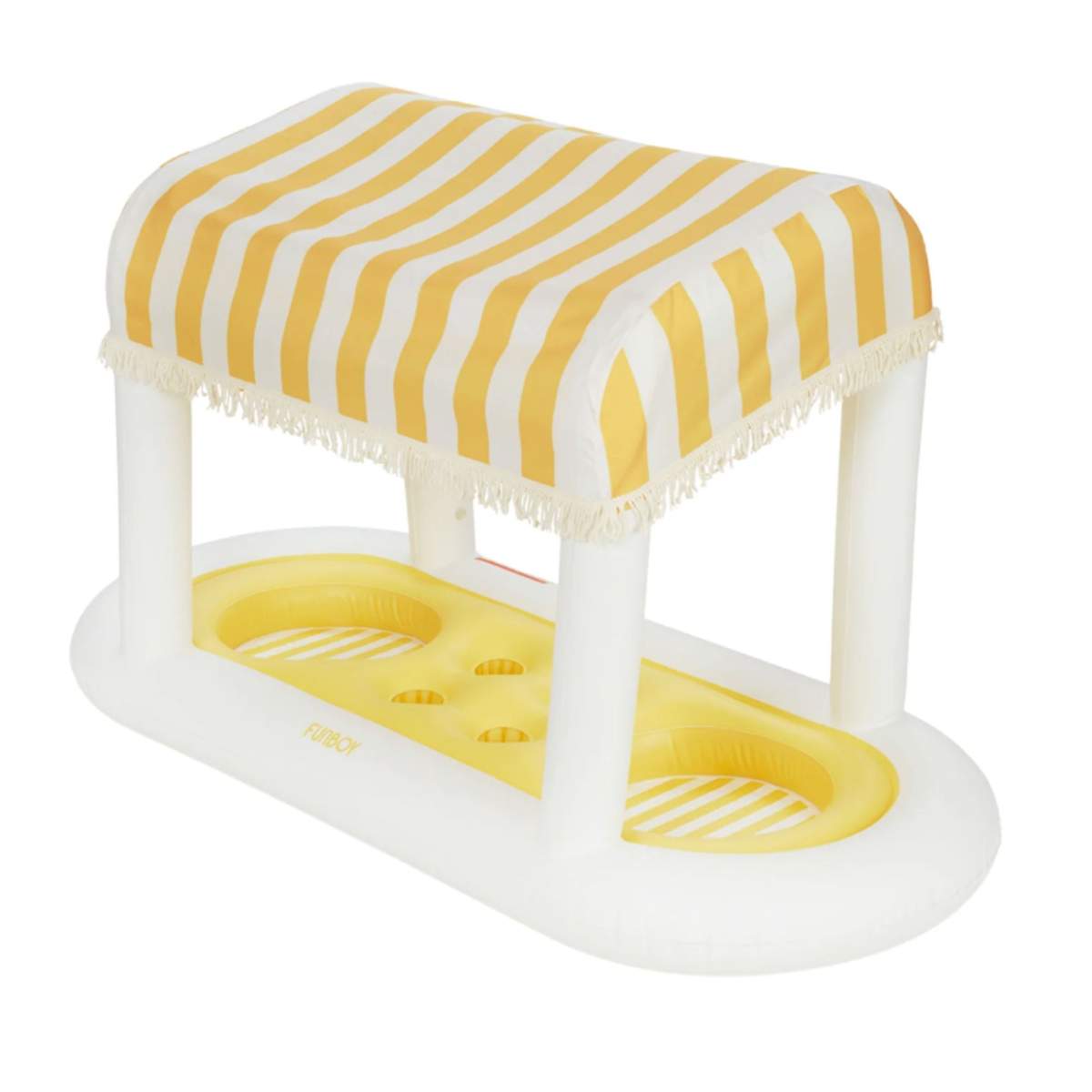 Yellow and white striped inflatable bar with canopy
