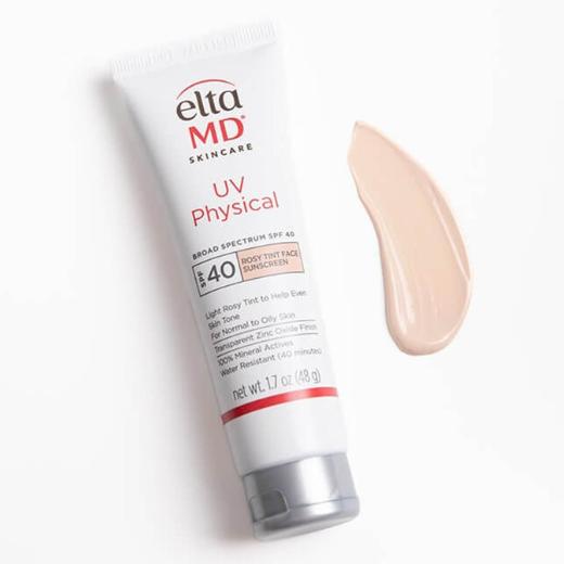EltaMD UV Physical Rosy Tint Broad Spectrum SPF 40 Tube with swatch of product next to it