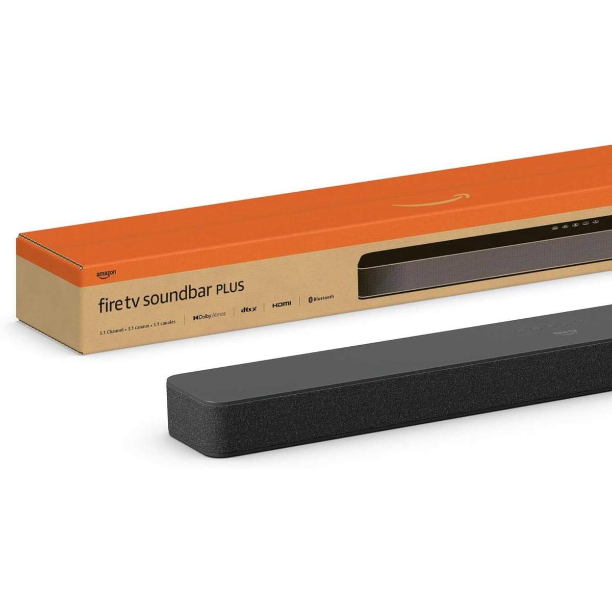 Fire TV Soundbar Plus with packaging against white background.