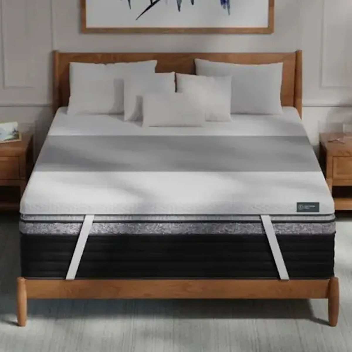 Helix ErgoAlign Mattress Topper on a bed against white walls.