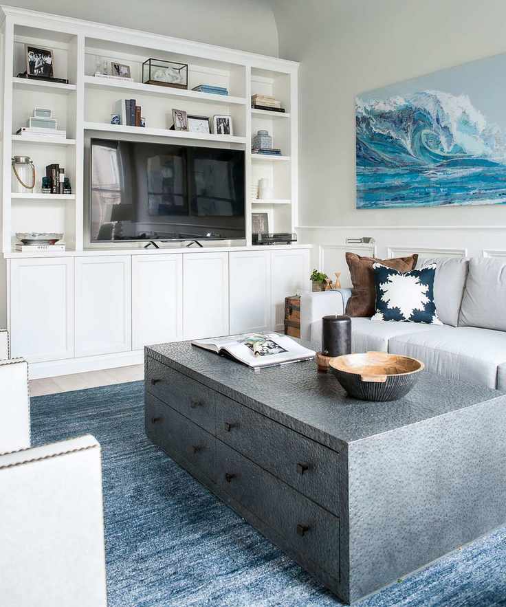 Bright white living room with a display unit housing TV, gray coffee table, blue rug, and wave design artwork