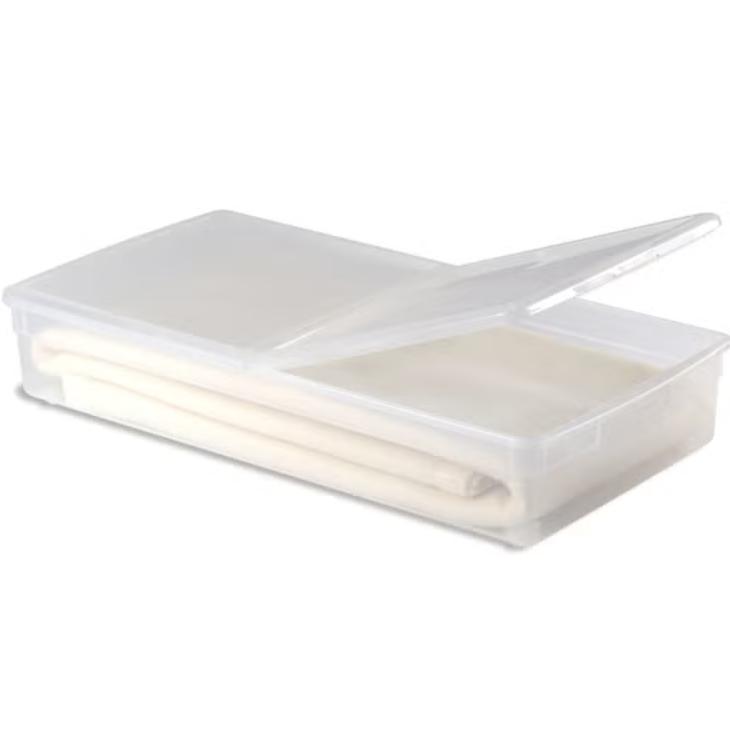 a stock photo of a clear underbed storage box on wheels which has a hinge-style lid