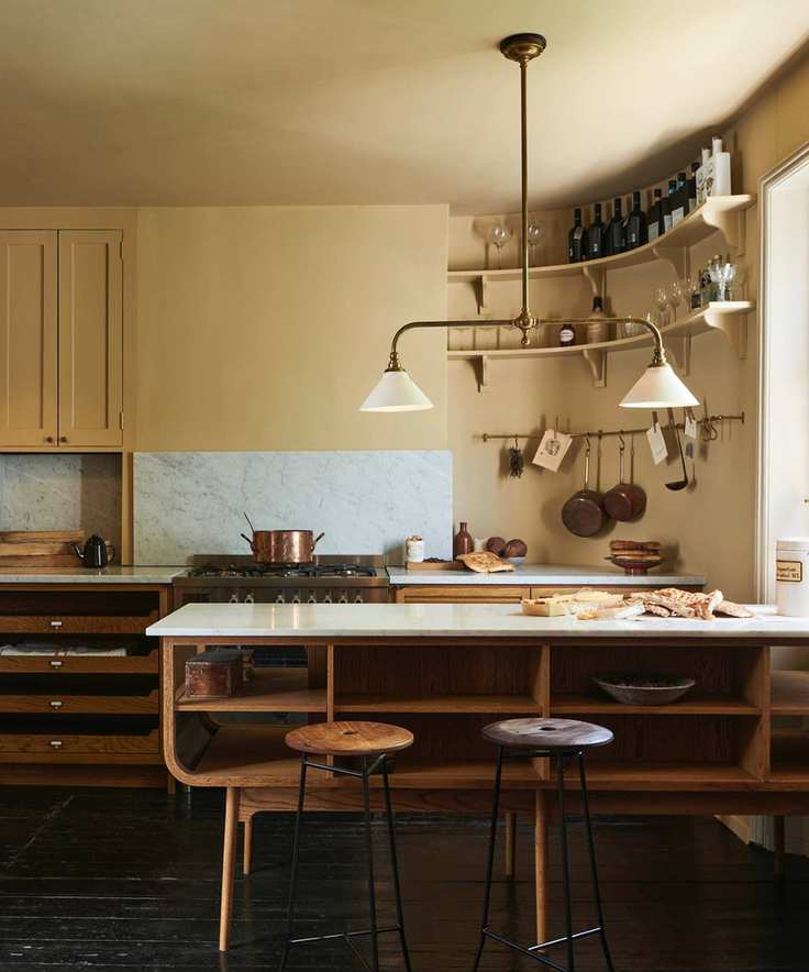 can you fit an island in a galley kitchen, yellow kitchen, freestanding kitchen with small narrow island