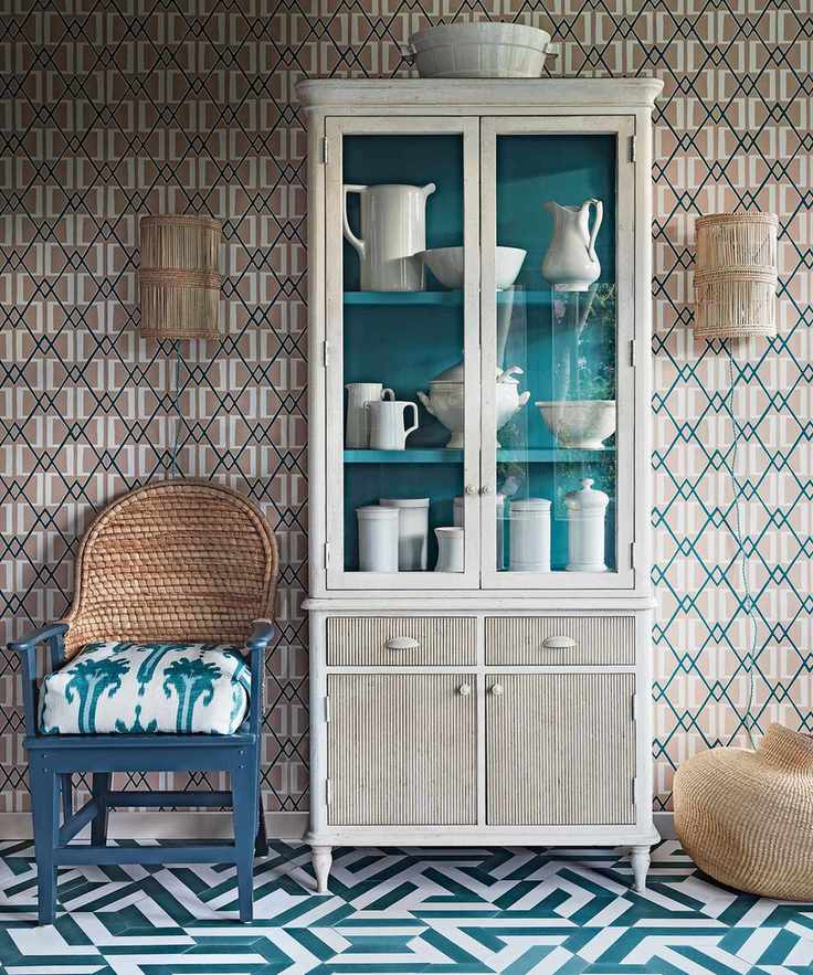 Glass-fronted dresser with blue accents