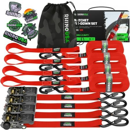Rhino Usa 1&amp;quot; X 15' Ratchet Strap Tie Down With Safety S Hooks- 1,823lb Break Strength - Red 4 Pack
