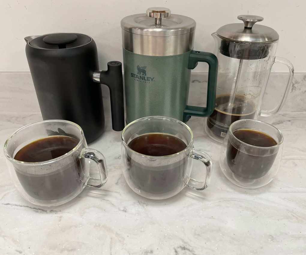 Fellow Clara French Press next to the Stanley and Zwilling