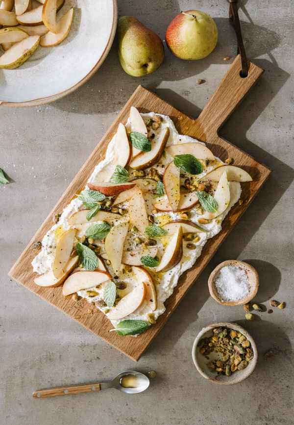 ricotta board with pears and pistachios, winter appetizer