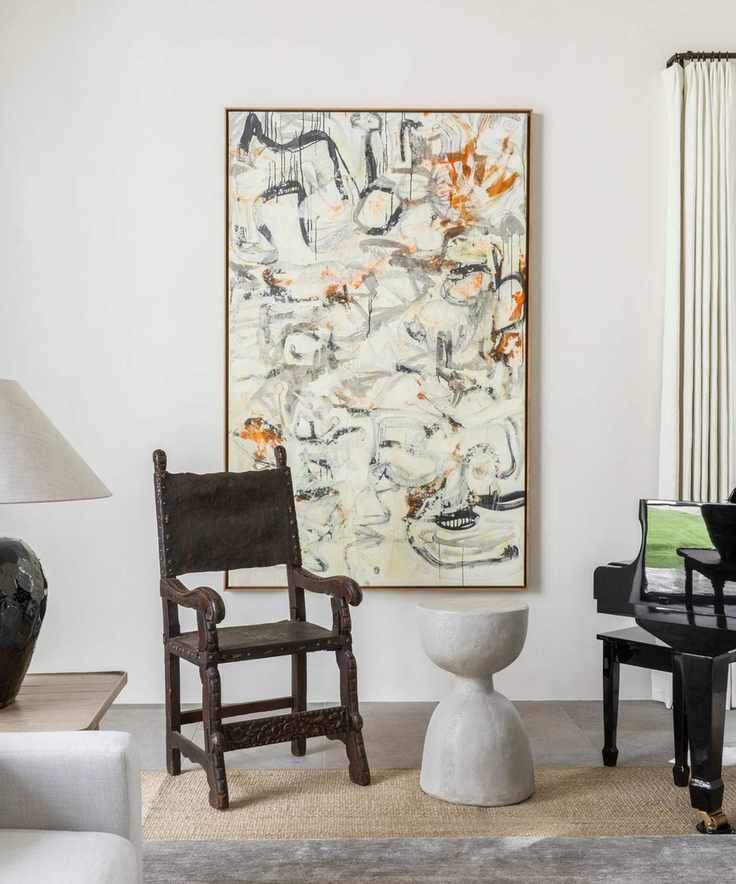 Seating area with antique chairs and large print