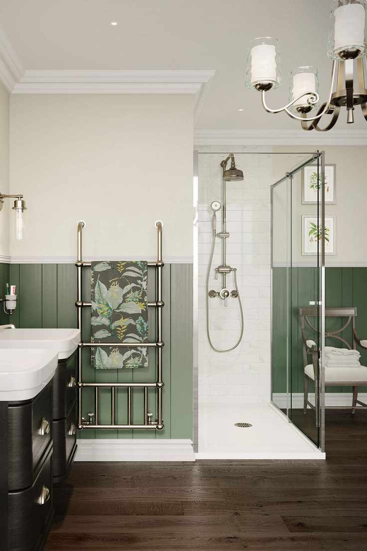 C. P. Hart Waterloo shower in a traditional bathroom with dark wood flooring and green walls.