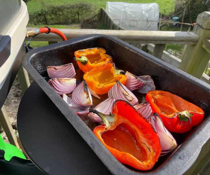 Roasted vegetables in a tray which have been cooked in the Gozney Arc