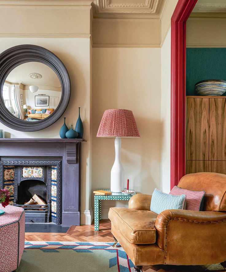 Living room with tall lamp and fireplace