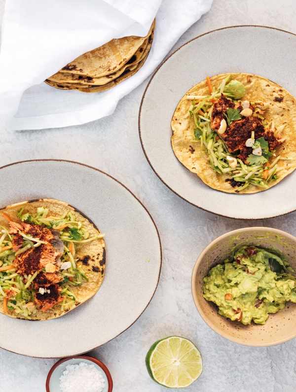 easy salmon tacos with broccoli slaw plated