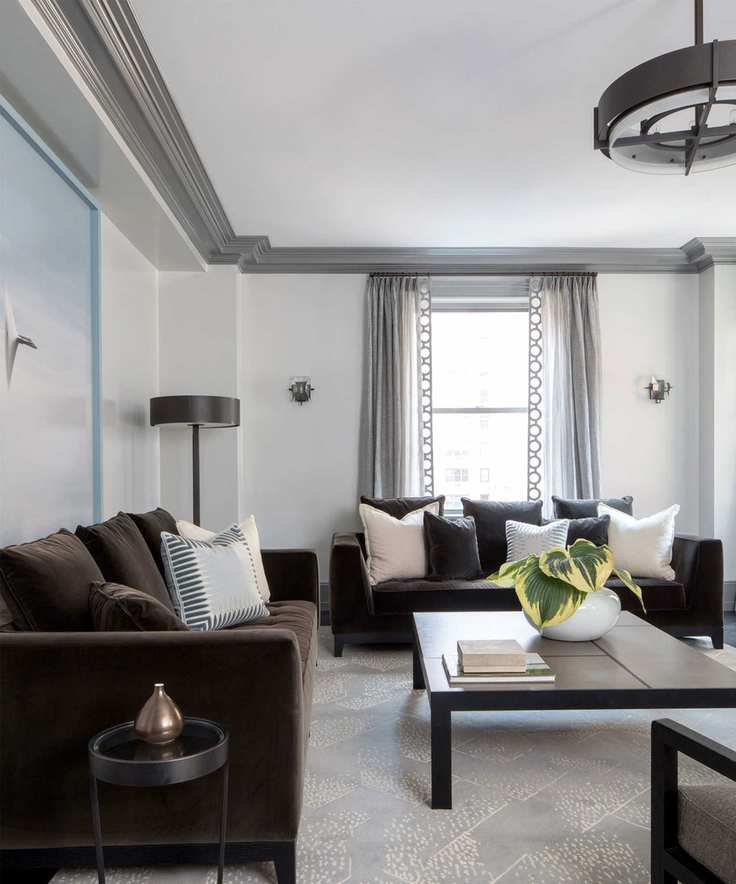 Contemporary living room with white painted walls and gray ceiling trim