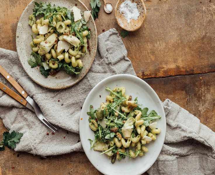 spring pasta salad with olives, lemon, and artichokes, casa zuma canyon ceramic plate
