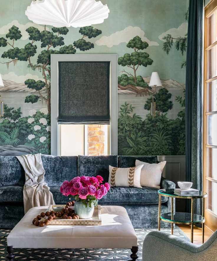 Blue living room with murals