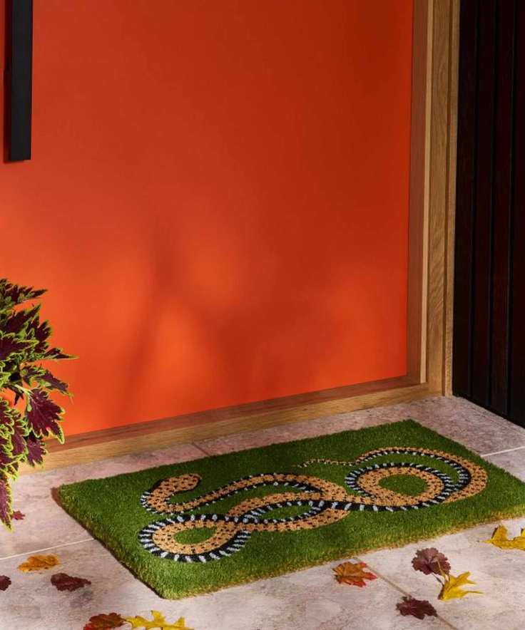 Stylish doormat placed outside a vibrant red front door.