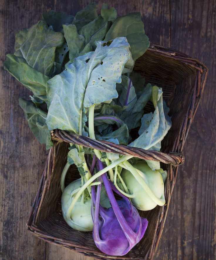 White and purple kohlrabi in a basket