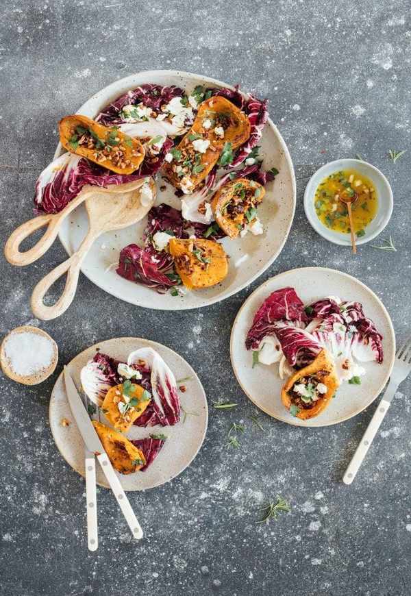 roasted honeynut squash recipe with radicchio, goat cheese and pecans