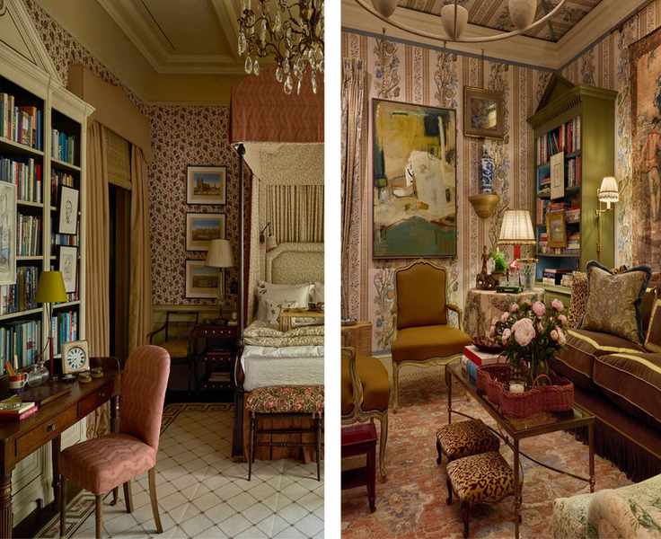 Classic rooms side by side: the left shows a traditional bedroom with a four-poster bed and floral wallpaper; the right features a cozy living area with striped floral walls and an olive green bookcase.