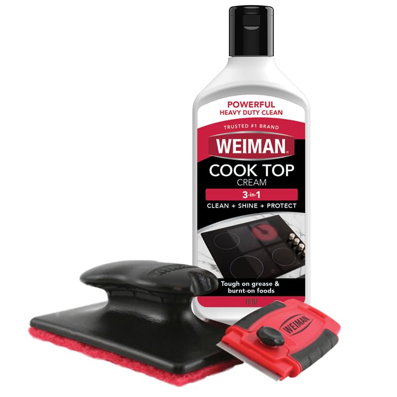 Weiman Glass &amp; Ceramic Cooktop, Stove Top &amp; Oven Cleaner Kit &amp;ndash; Kitchen Cleaner Cream, 3 Scrubbing Pads &amp; Scraper for Burnt-On Food &amp; Grease, Clean Shine - Safe for Induction, Electric &amp; Gas Cooktops