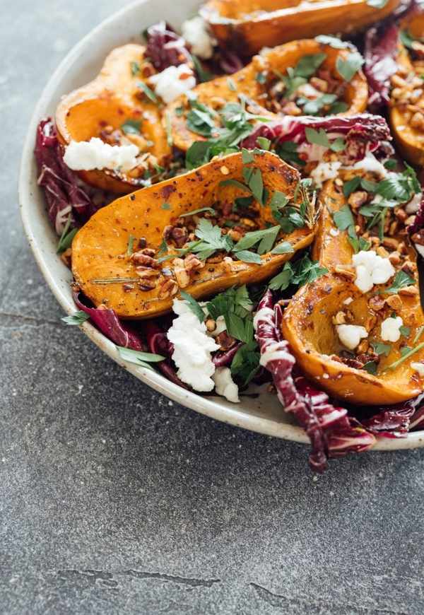roasted honeynut squash recipe with radicchio, goat cheese and pecans