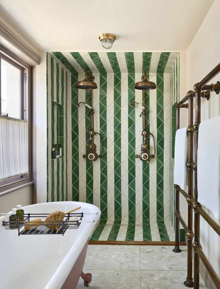 Green and white striped diamond tiles