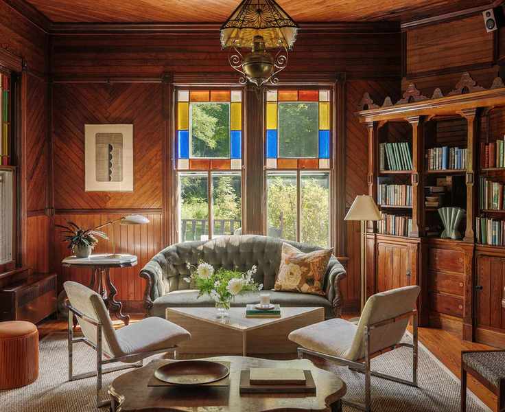 Living room with dark wooden accents