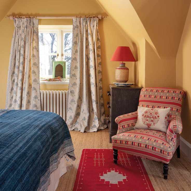Cottage bedroom with ikat prints