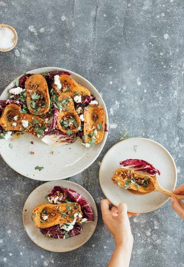 roasted honeynut squash recipe with radicchio, goat cheese and pecans