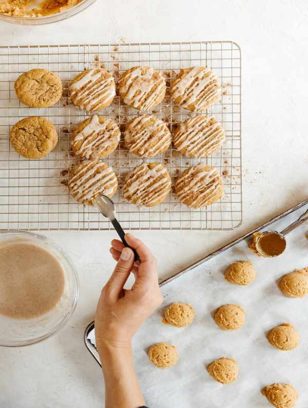 one bowl chewy pumpkin spice cookies with cinnamon glaze