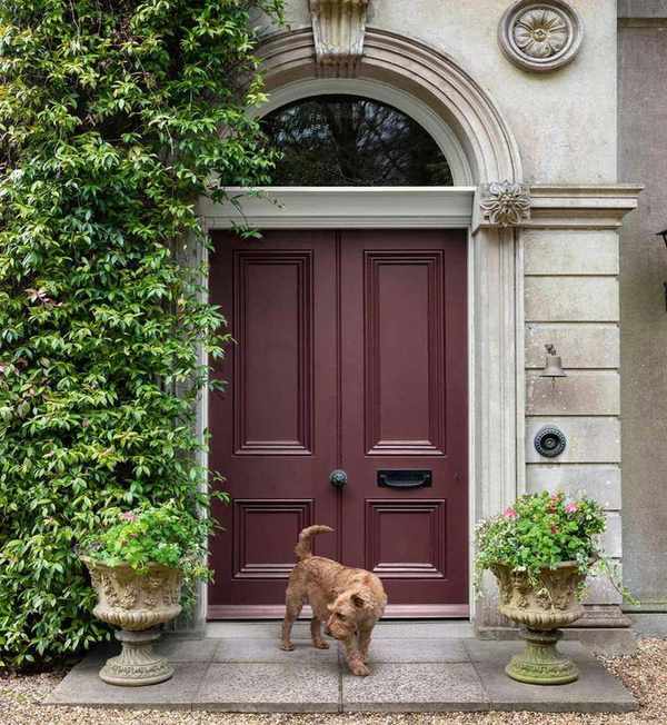 gloss red front door with dog