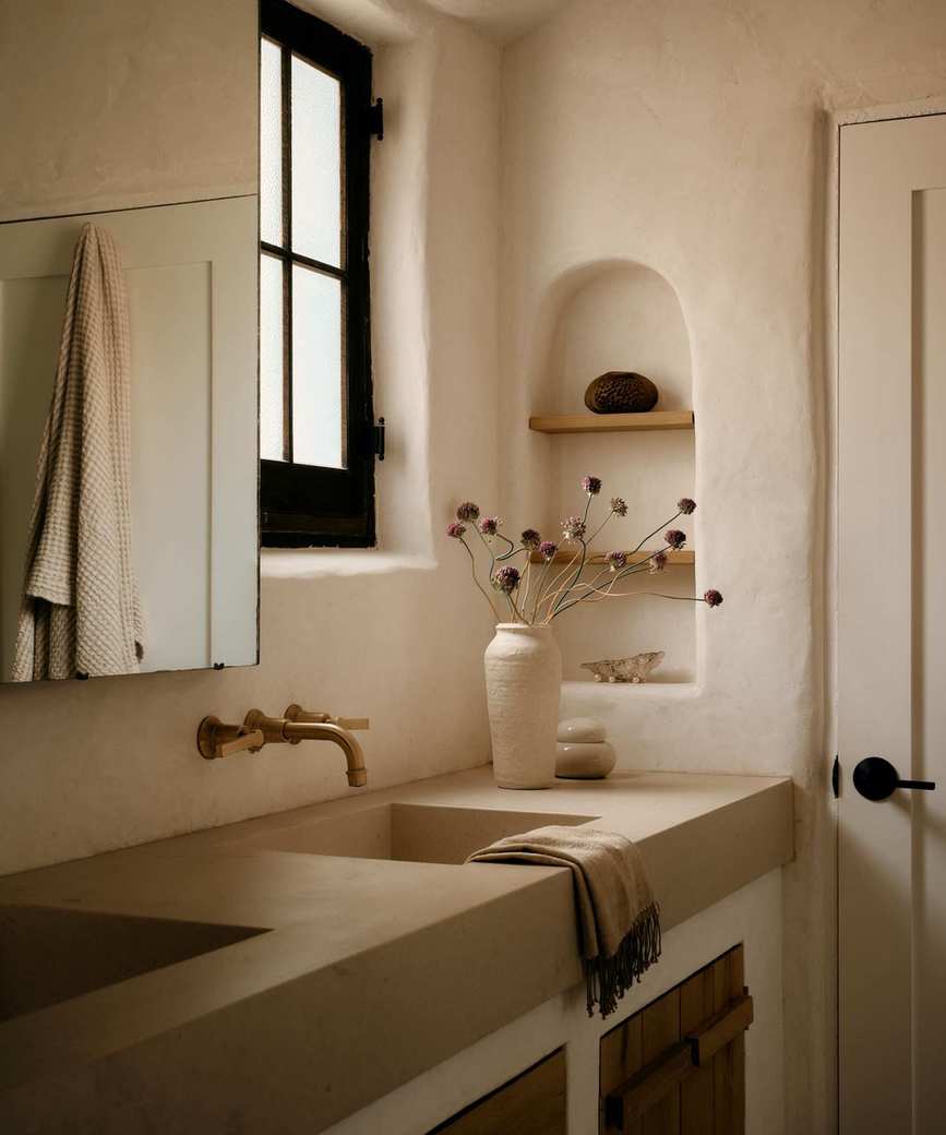 A modern organic bathroom featuring plaster walls and a wall niche for shelving
