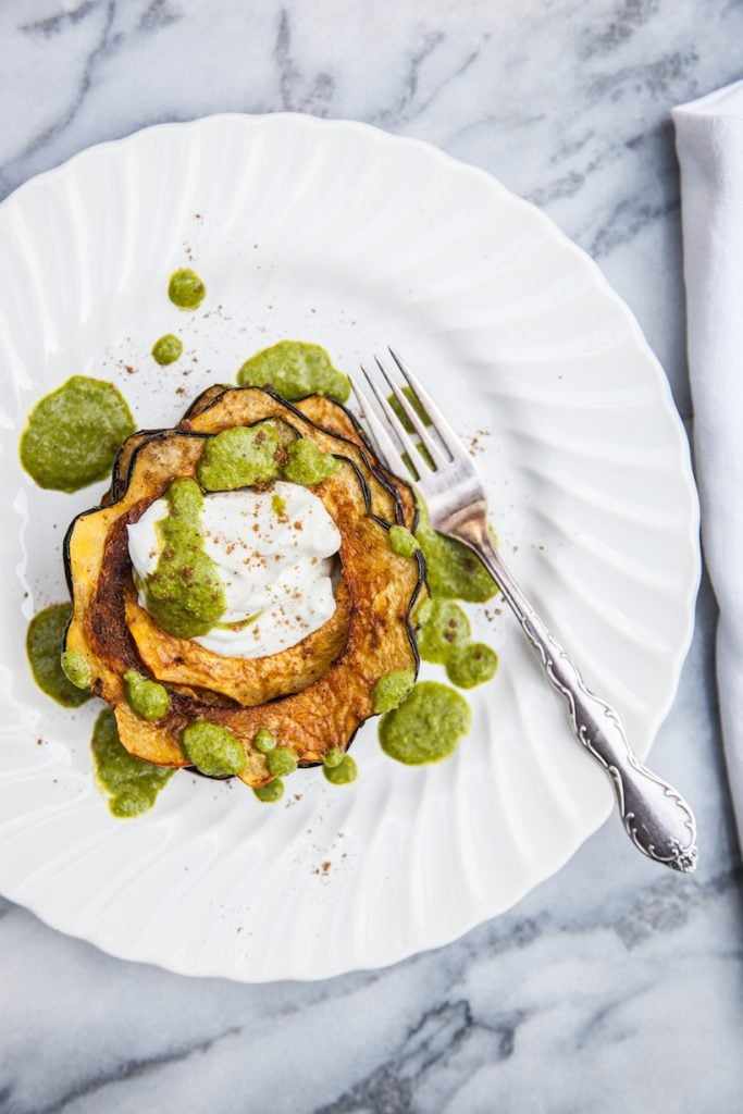 roasted acorn squash with garam masala and cilantro chutney