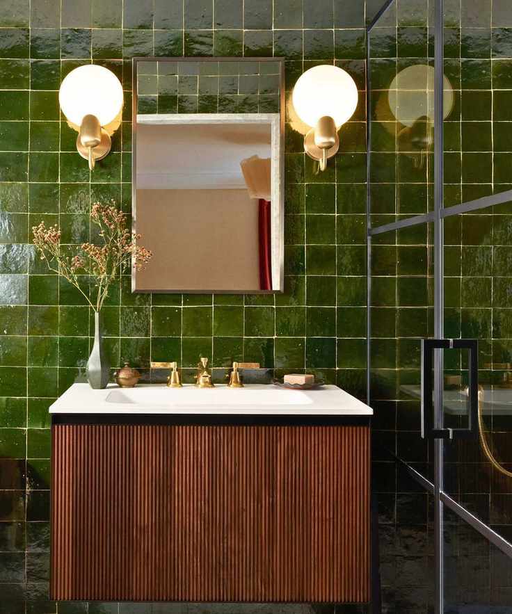 bathroom green tiles reeded cabinet