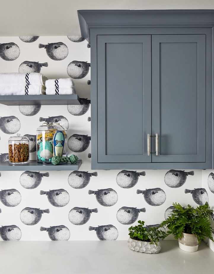 laundry room shelving with pet supplies
