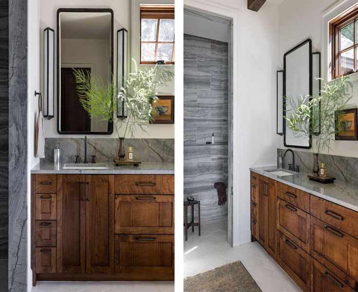 Two images of a bathroom with a dark wood vanity, gray Quartzite countertops, white walls, and gray tiles in the shower area. A black-framed mirror above the sink with two long wall sconces.